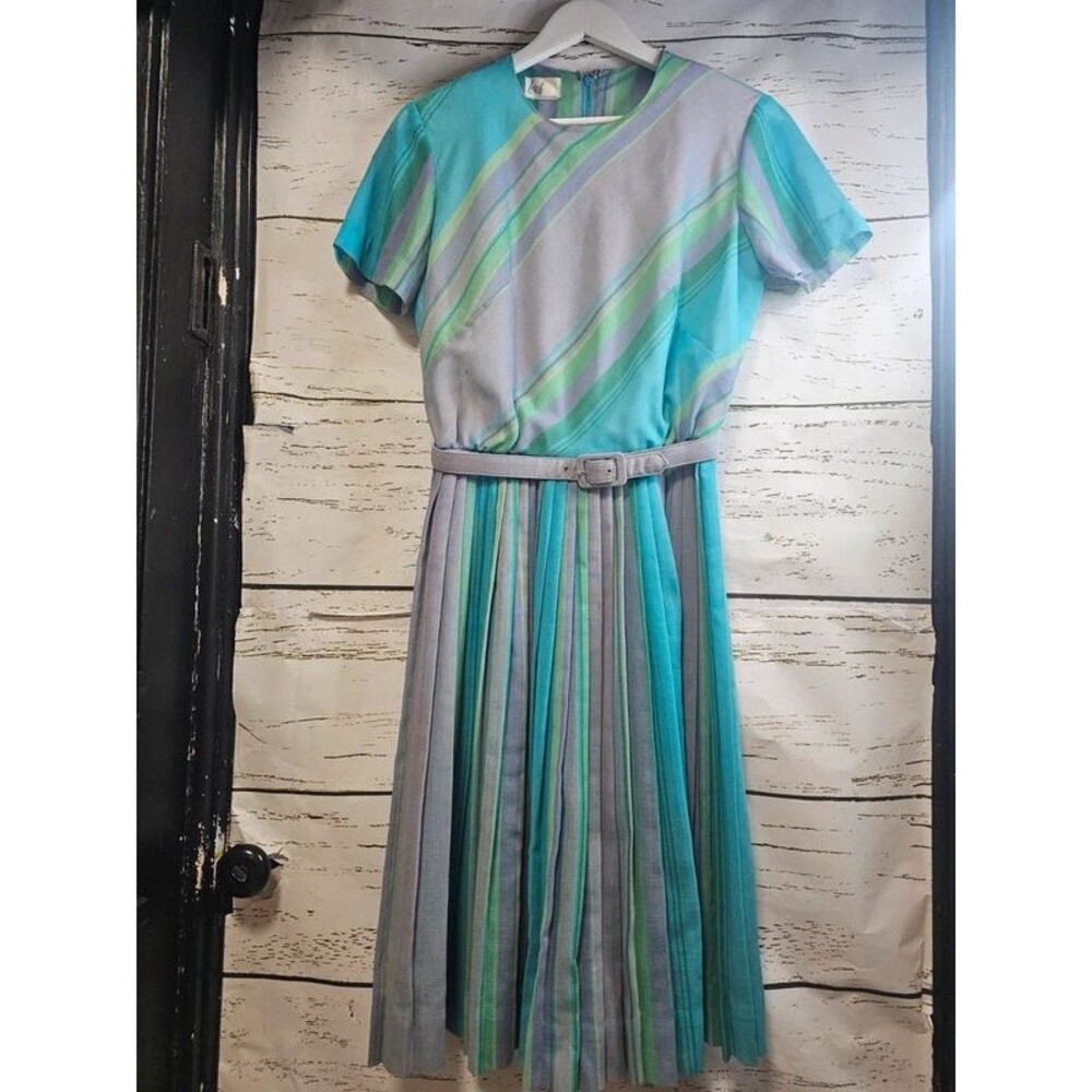 Vintage 60s Lorch of Dallas Pleated Striped Belted Dress